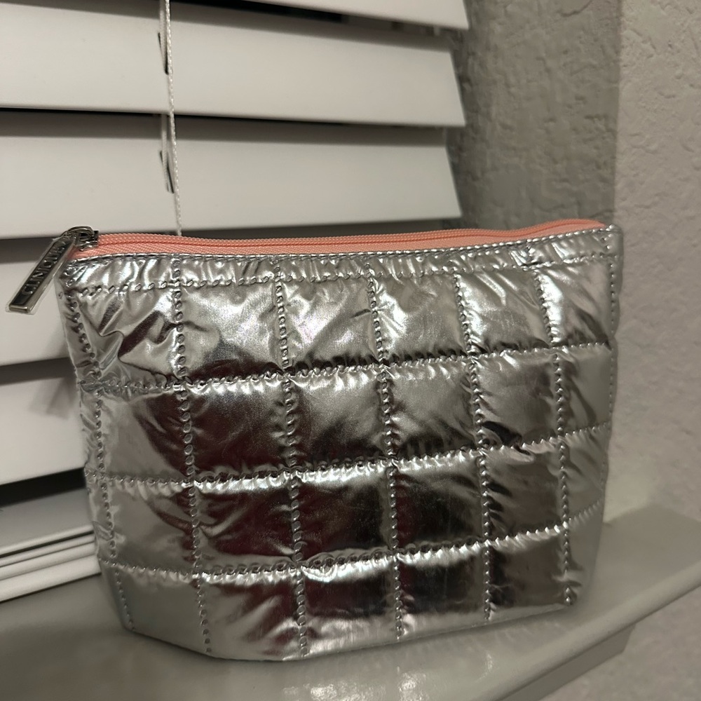 Clinique Silver Quilted Cosmetic Bag with Pink Zip